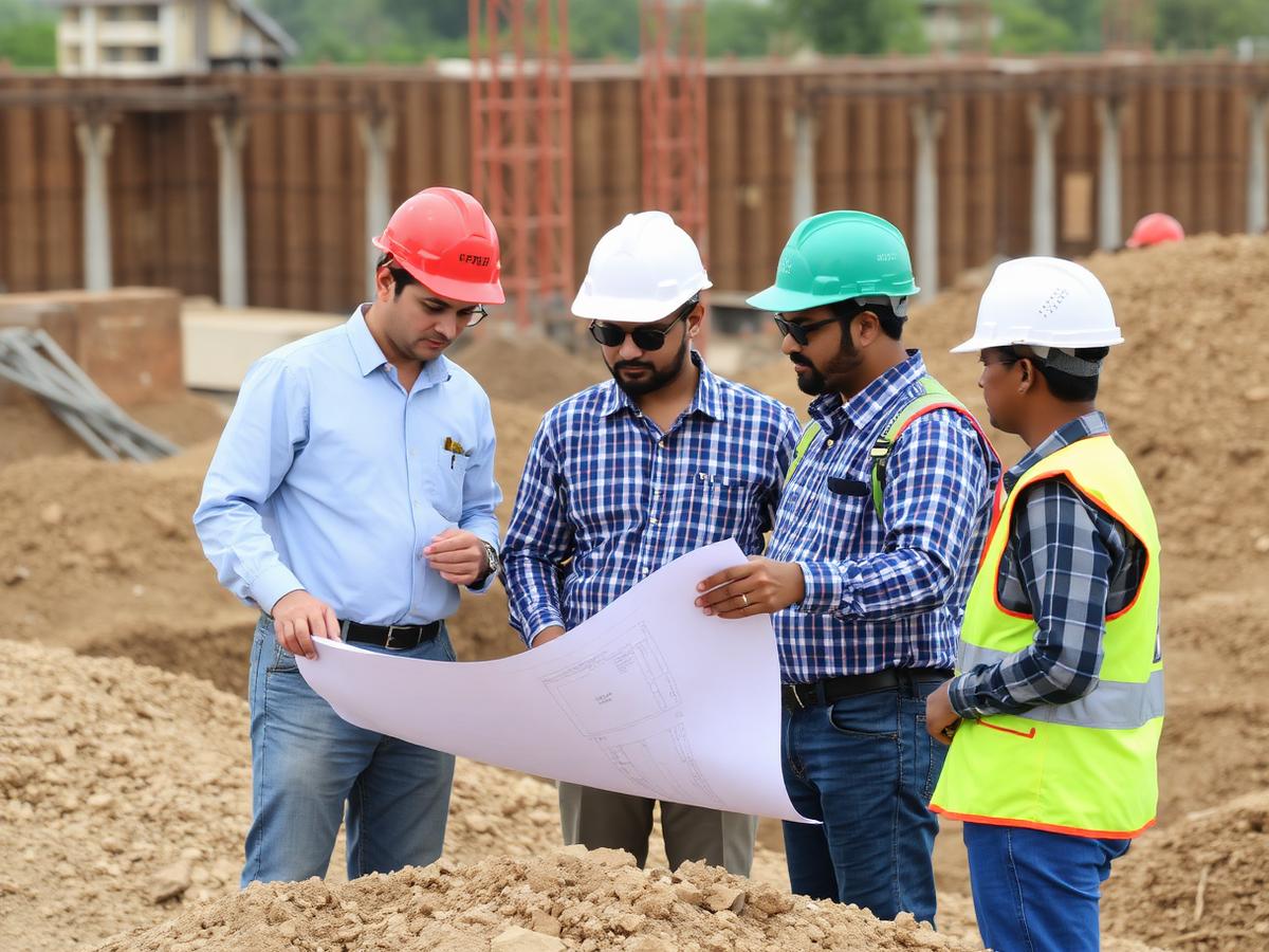 Engineers reviewing foundation drawings on site